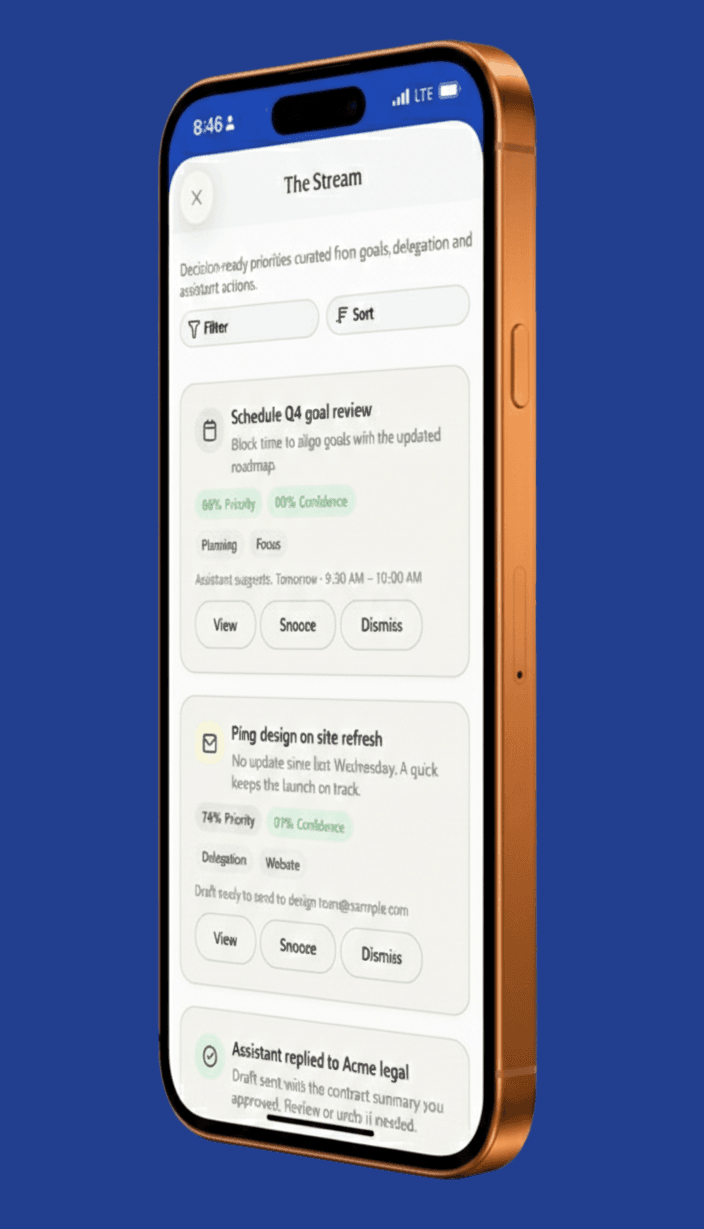 ThinkStream app showing organized stream with actionable items